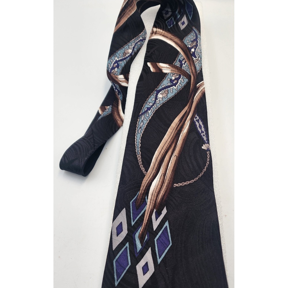 Alexander Lloyd Mens Silk Tie Black Blue‎ Diamond Chain Print Luxury Necktie